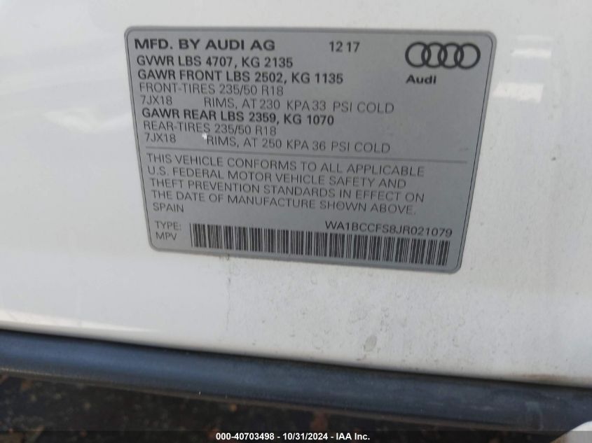 2018 AUDI Q3 2.0T PREMIUM/2.0T SPORT PREMIUM - WA1BCCFS8JR021079