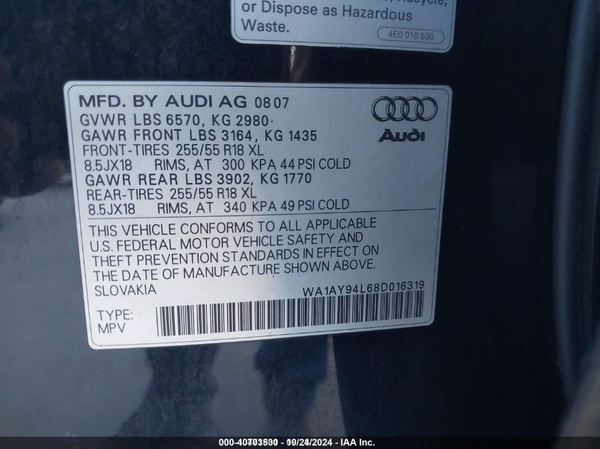 2008 Audi Q7 3.6 VIN: WA1AY94L68D016319 Lot: 40703530