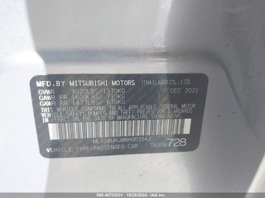 2022 Mitsubishi Mirage Es/Le VIN: ML32AUHJ8NH003542 Lot: 40703531