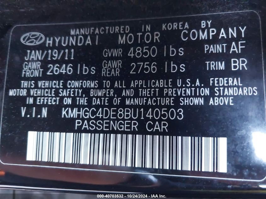 2011 Hyundai Genesis 3.8 VIN: KMHGC4DE8BU140503 Lot: 40703532