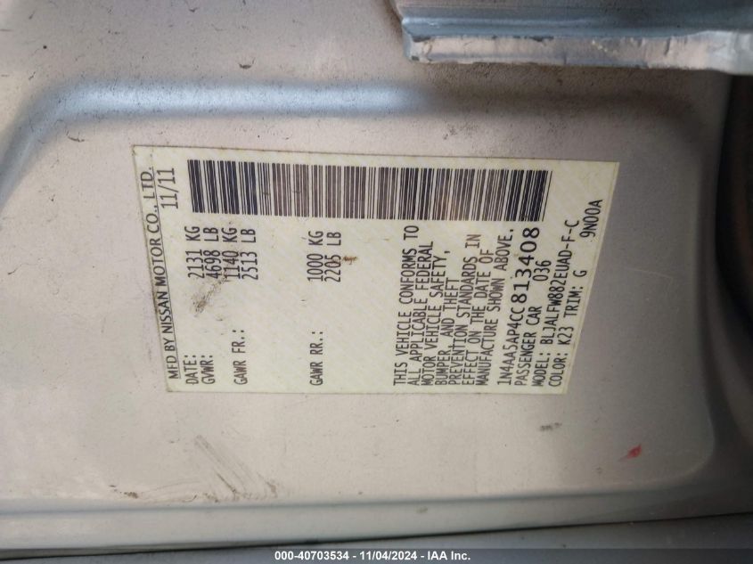 2012 Nissan Maxima 3.5 Sv VIN: 1N4AA5AP4CC813408 Lot: 40703534