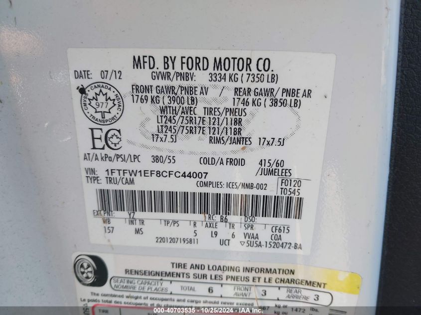 2012 Ford F-150 Fx4/King Ranch/Lariat/Platinum/Xl/Xlt VIN: 1FTFW1EF8CFC44007 Lot: 40703535