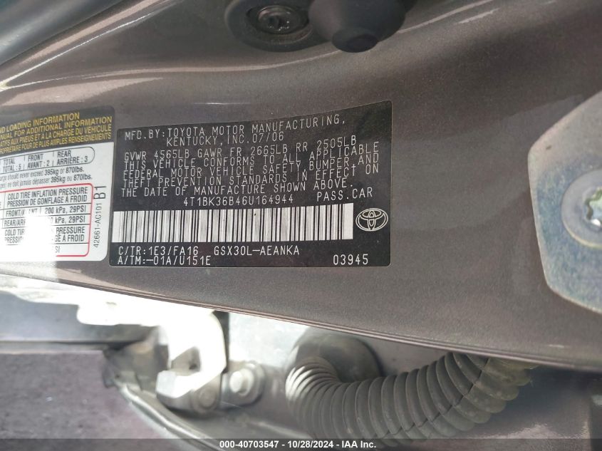2006 TOYOTA AVALON VIN: 4T1BK36B46U164944