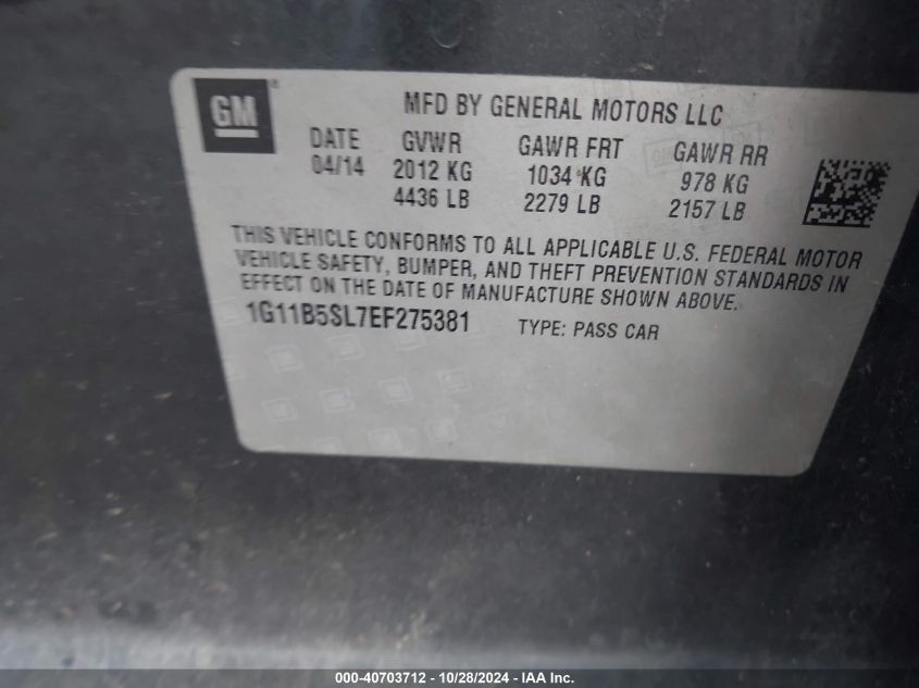 2014 CHEVROLET MALIBU VIN: 1G11B5SL7EF275381