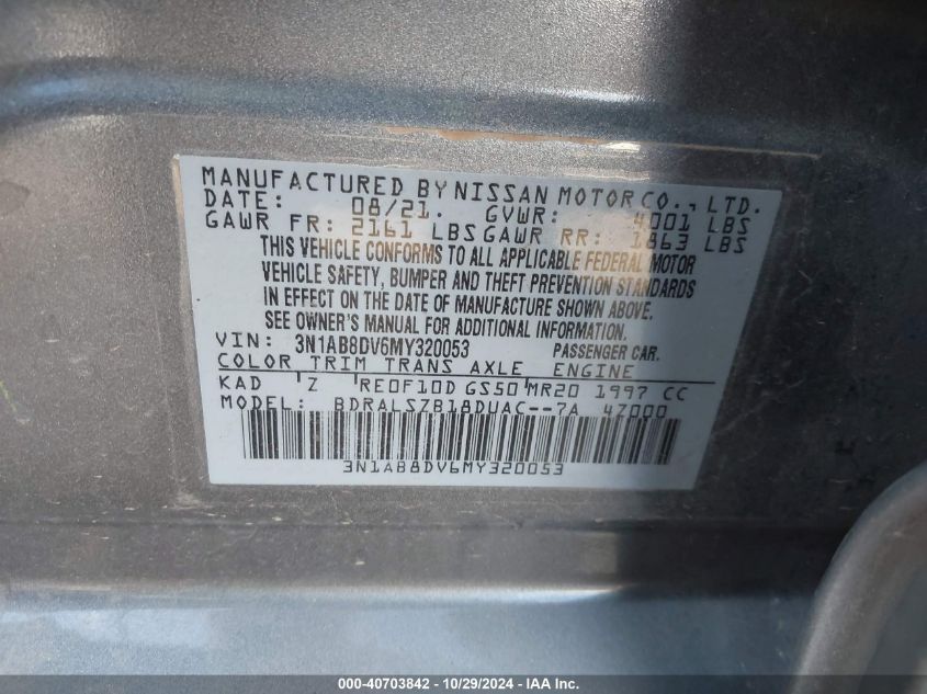 2021 Nissan Sentra Sr Xtronic Cvt VIN: 3N1AB8DV6MY320053 Lot: 40703842