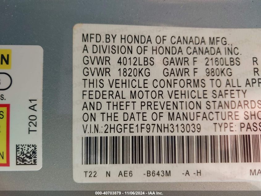 2022 Honda Civic Touring VIN: 2HGFE1F97NH313039 Lot: 40703879