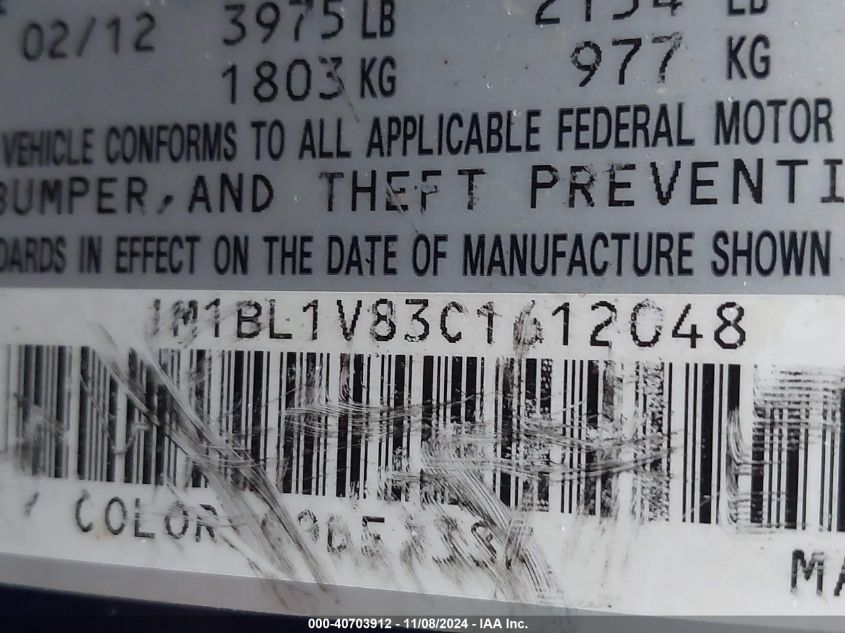 2012 Mazda 3 VIN: 1M1BL1V83C1612048 Lot: 40703912