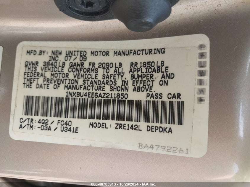 2010 TOYOTA COROLLA VIN: 1NXBU4EE6AZ211850