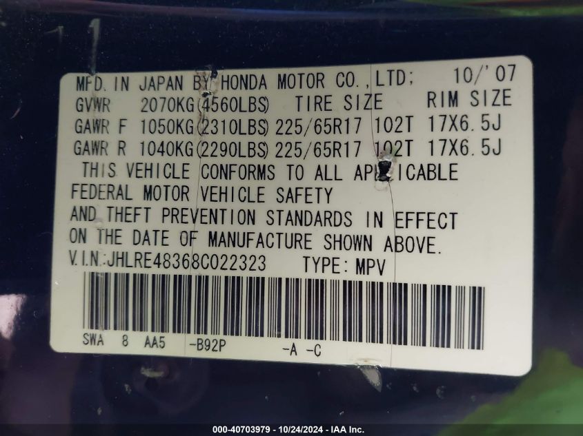 2008 Honda Cr-V Lx VIN: JHLRE48368C022323 Lot: 40703979