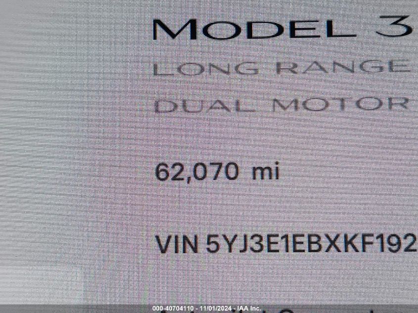 2019 Tesla Model 3 Long Range/Performance VIN: 5YJ3E1EBXKF192448 Lot: 40704110