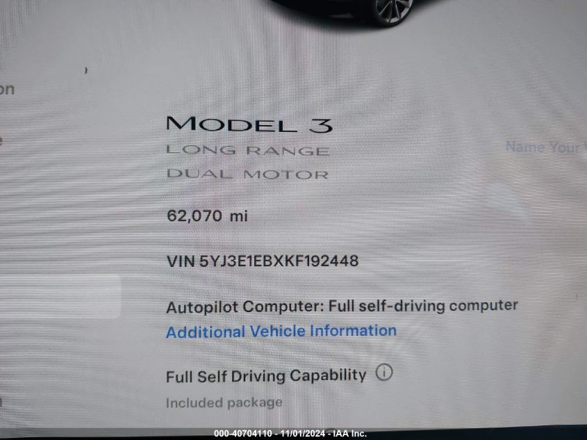 2019 TESLA MODEL 3 LONG RANGE/PERFORMANCE - 5YJ3E1EBXKF192448