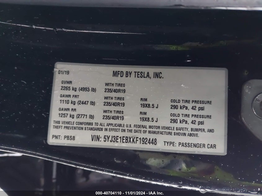 2019 TESLA MODEL 3 VIN: 5YJ3E1EBXKF192448