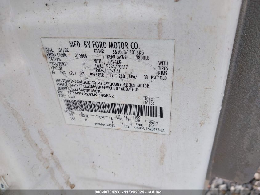 2008 Ford F150 VIN: 1FTRF12208KC86832 Lot: 40704280