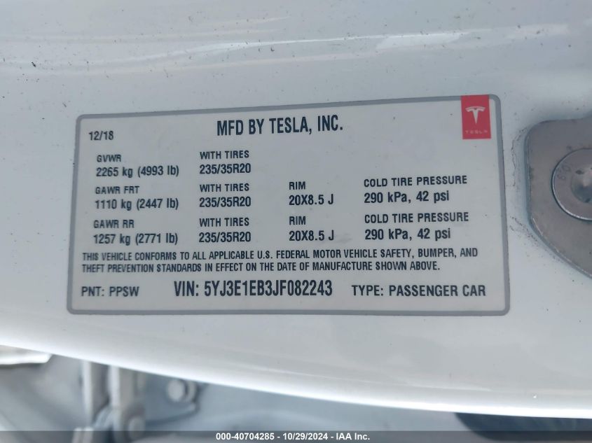 2018 TESLA MODEL 3 LONG RANGE/PERFORMANCE - 5YJ3E1EB3JF082243