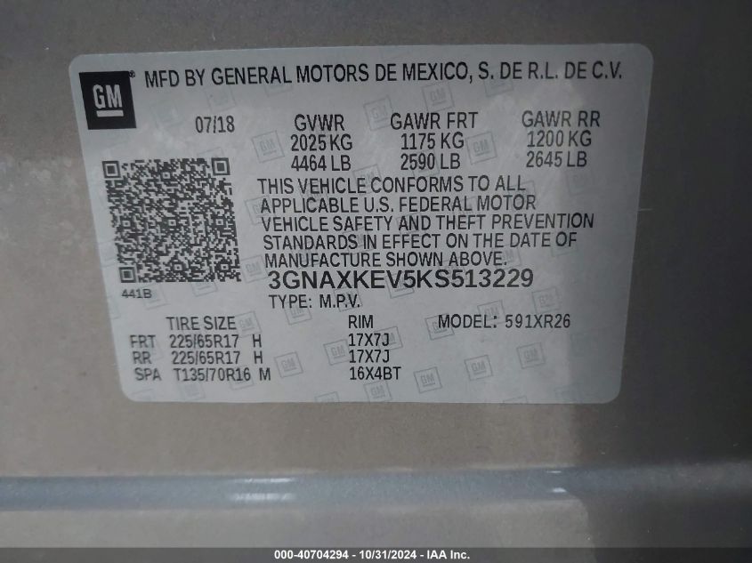 2019 Chevrolet Equinox Lt VIN: 3GNAXKEV5KS513229 Lot: 40704294