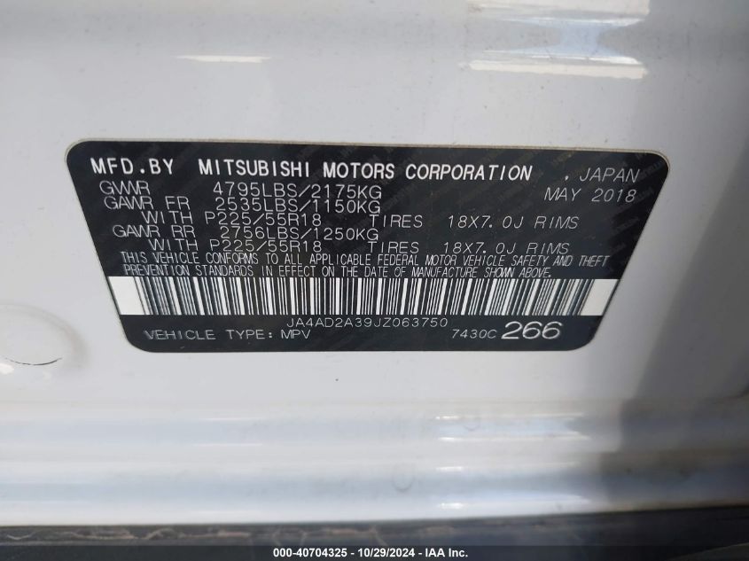 2018 Mitsubishi Outlander Es VIN: JA4AD2A39JZ063750 Lot: 40704325