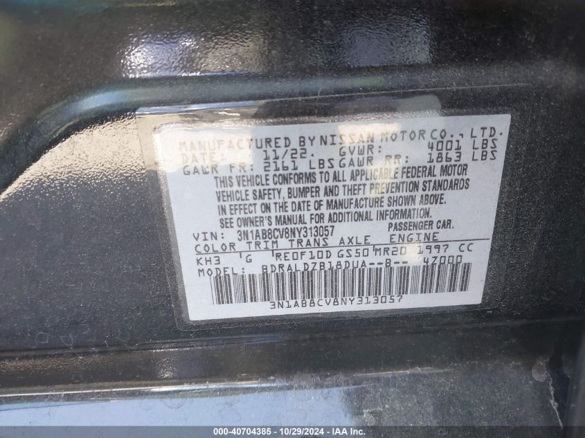 2022 Nissan Sentra Sv Xtronic Cvt VIN: 3N1AB8CV8NY313057 Lot: 40704385