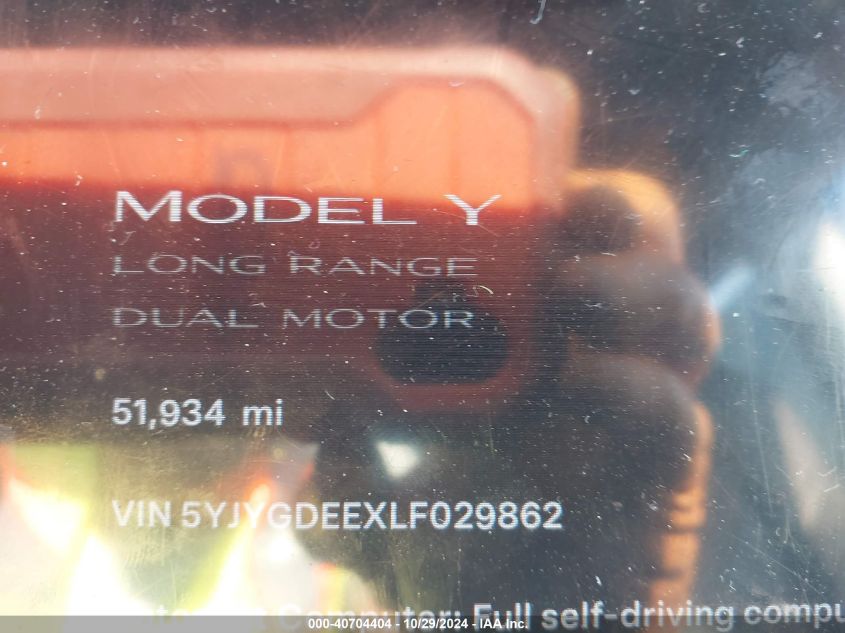 2020 Tesla Model Y Long Range Dual Motor All-Wheel Drive VIN: 5YJYGDEEXLF029862 Lot: 40704404