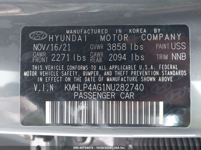 2022 Hyundai Elantra Limited VIN: KMHLP4AG1NU282740 Lot: 40704475