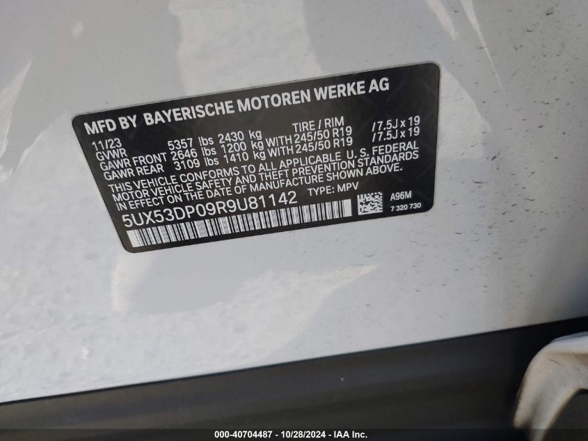 2024 BMW X3 xDrive30I VIN: 5UX53DP09R9U81142 Lot: 40704487