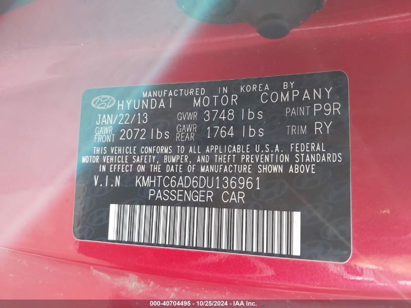 2013 Hyundai Veloster VIN: KMHTC6AD6DU136961 Lot: 40704495