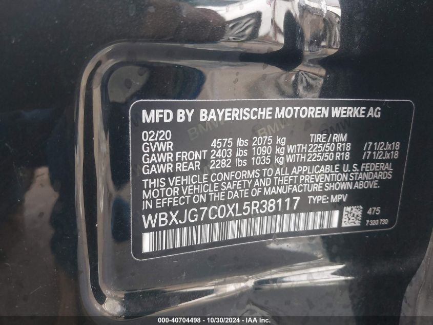 2020 BMW X1 Sdrive28I VIN: WBXJG7C0XL5R38117 Lot: 40704498