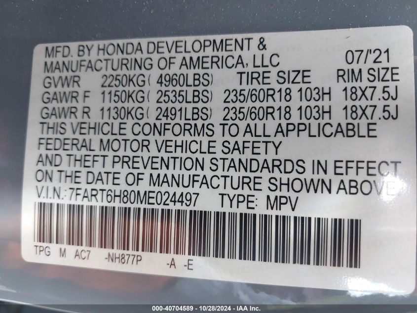 2021 Honda Cr-V Hybrid Ex-L VIN: 7FART6H80ME024497 Lot: 40704589