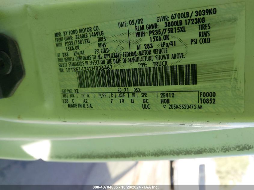 2002 Ford E-150 Commercial/Recreational VIN: 1FTRE14242HB36467 Lot: 40704635