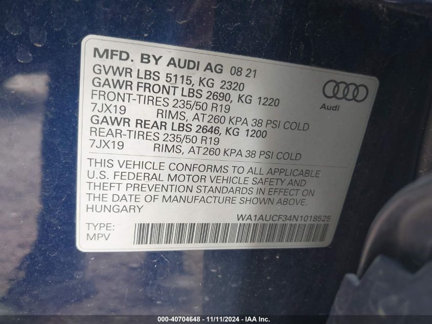 2022 Audi Q3 Premium 40 Tfsi Quattro Tiptronic VIN: WA1AUCF34N1018525 Lot: 40704648