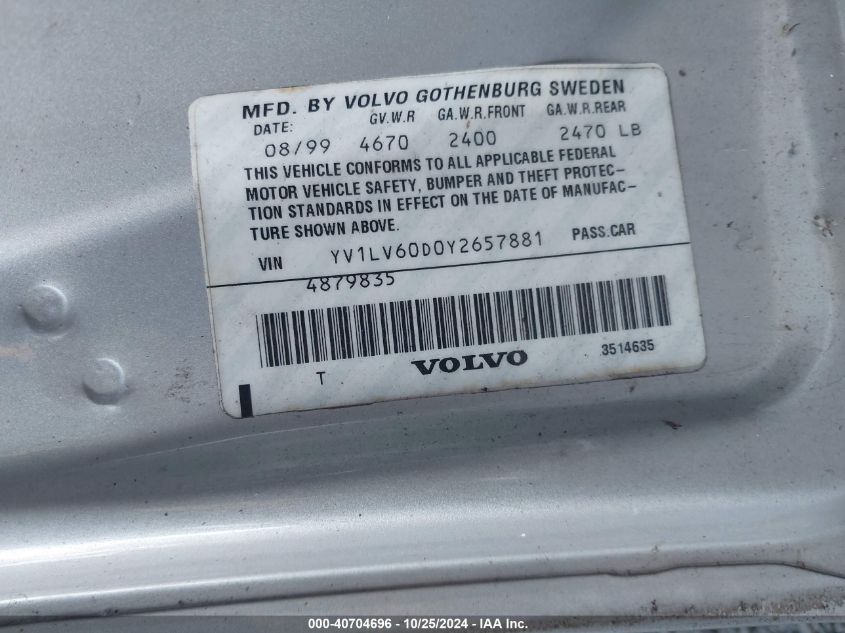 2000 Volvo V70 R VIN: YV1LV60D0Y2657881 Lot: 40704696