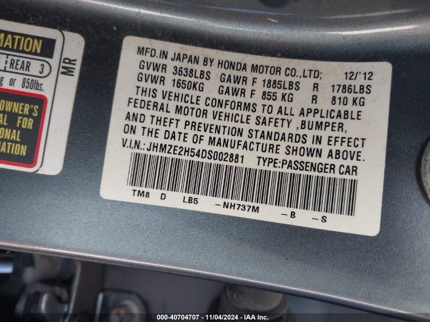 2013 Honda Insight Lx VIN: JHMZE2H54DS002881 Lot: 40704707