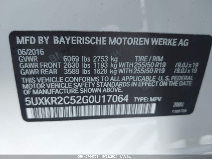 2016 BMW X5 Sdrive35I VIN: 5UXKR2C52G0U17064 Lot: 40704709