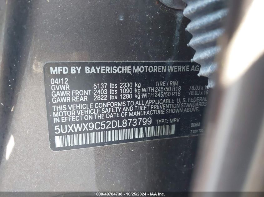 2013 BMW X3 xDrive28I VIN: 5UXWX9C52DL873799 Lot: 40704738