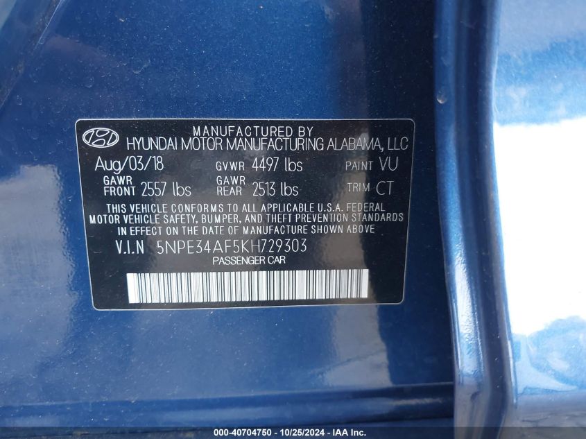 2019 HYUNDAI SONATA SPORT - 5NPE34AF5KH729303