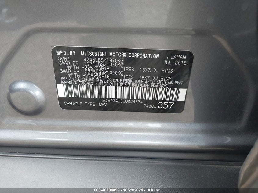 VIN JA4AP3AU6JU024374 2018 MITSUBISHI OUTLANDER SPORT 2.0 ES/2.0 LE