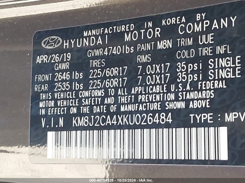 2019 Hyundai Tucson Se VIN: KM8J2CA4XKU026484 Lot: 40704926