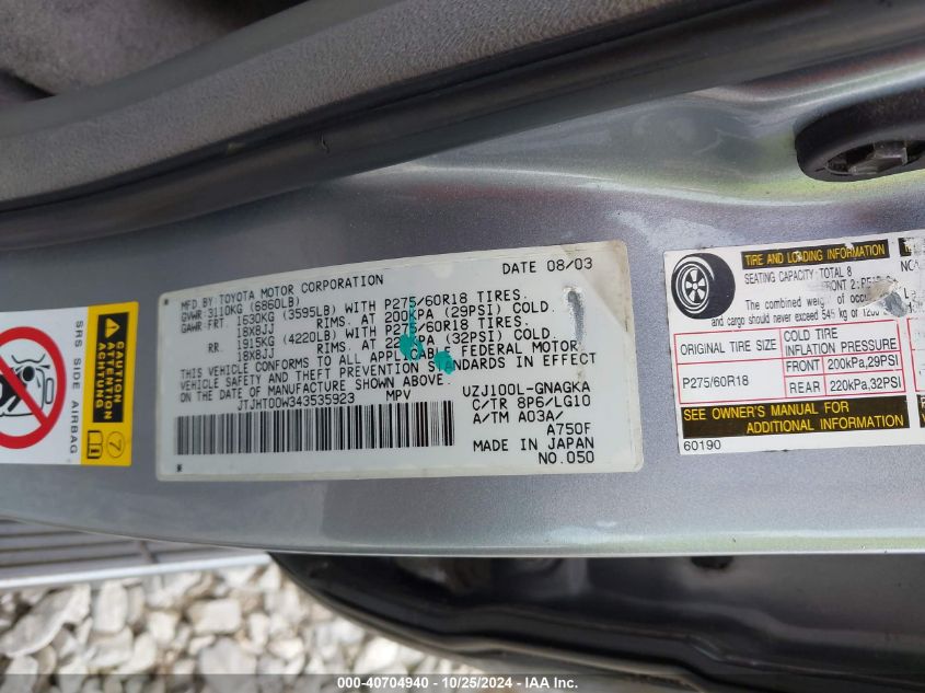 2004 Lexus Lx 470 VIN: JTJHT00W343535923 Lot: 40704940