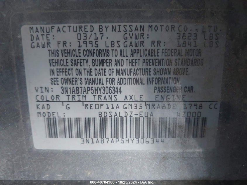 VIN 3N1AB7AP5HY306344 2017 NISSAN SENTRA SV