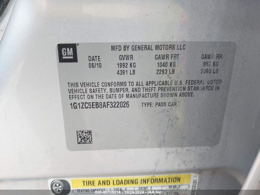2010 Chevrolet Malibu Lt VIN: 1G1ZC5EB8AF322026 Lot: 40705014