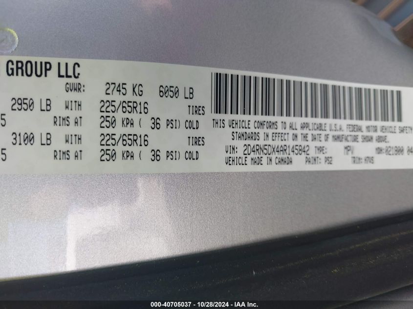 2010 Dodge Grand Caravan Sxt VIN: 2D4RN5DX4AR145842 Lot: 40705037