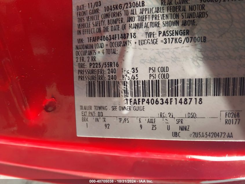 2004 Ford Mustang VIN: 1FAFP40634F148718 Lot: 40705038