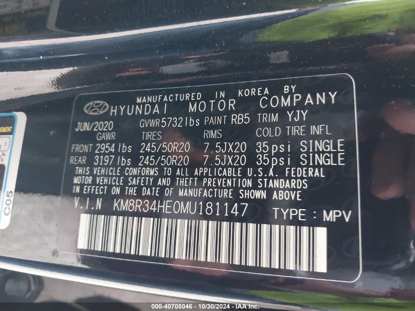 2021 Hyundai Palisade Sel VIN: KM8R34HE0MU181147 Lot: 40705046