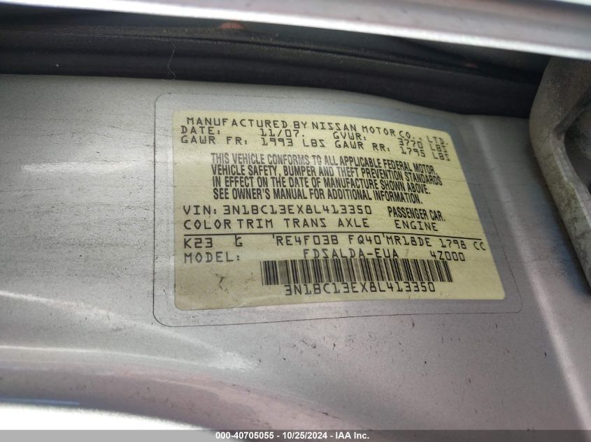 2008 Nissan Versa 1.8S VIN: 3N1BC13EX8L413350 Lot: 40705055