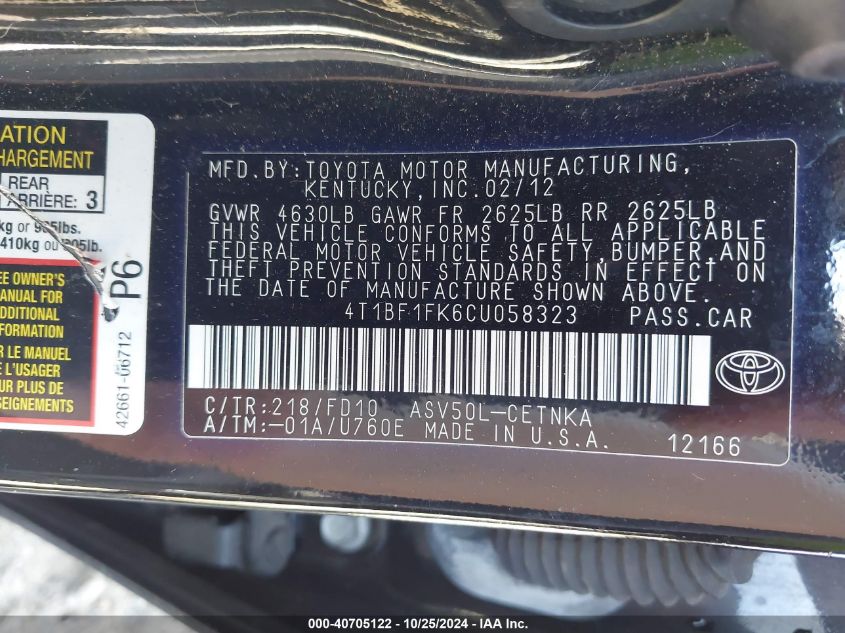 2012 TOYOTA CAMRY VIN: 4T1BF1FK6CU058323