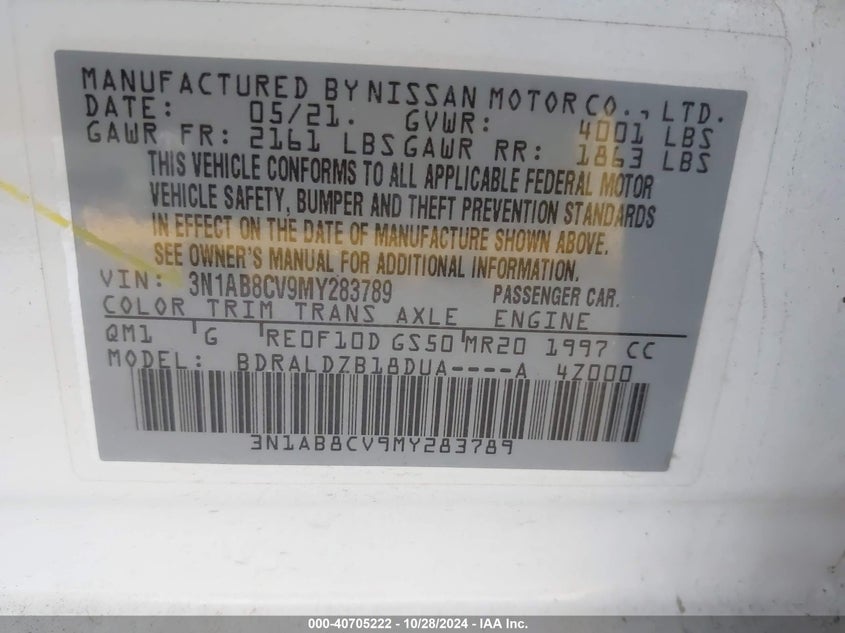 VIN 3N1AB8CV9MY283789 2021 NISSAN SENTRA SV XTRONIC CVT