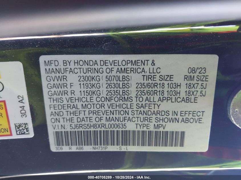 VIN 5J6RS5H8XRL000635 2024 Honda CR-V, Hybrid Sport-L no.9