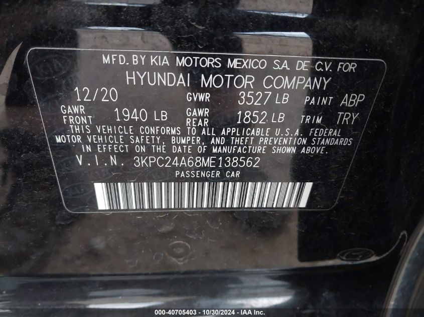 VIN 3KPC24A68ME138562 2021 Hyundai Accent, SE no.9