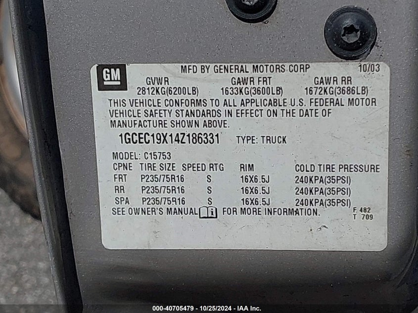 2004 Chevrolet Silverado 1500 Work Truck VIN: 1GCEC19X14Z186331 Lot: 40705479