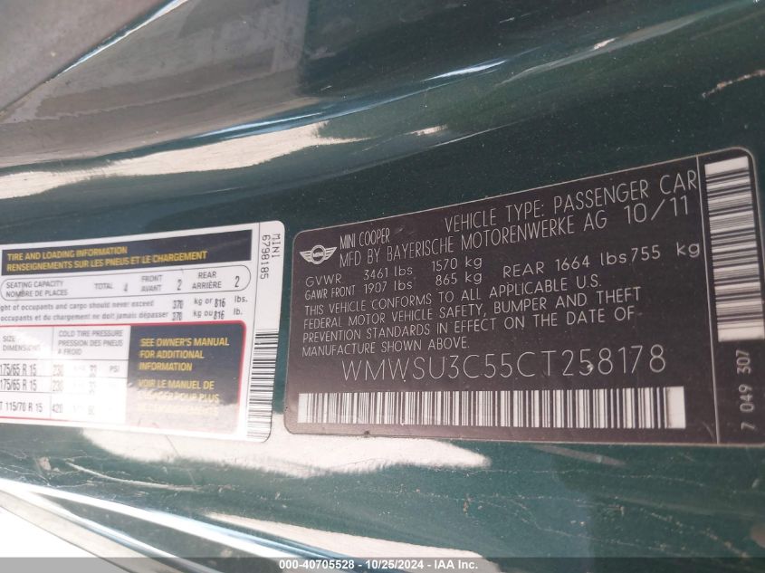 2012 Mini Cooper VIN: WMWSU3C55CT258178 Lot: 40705528