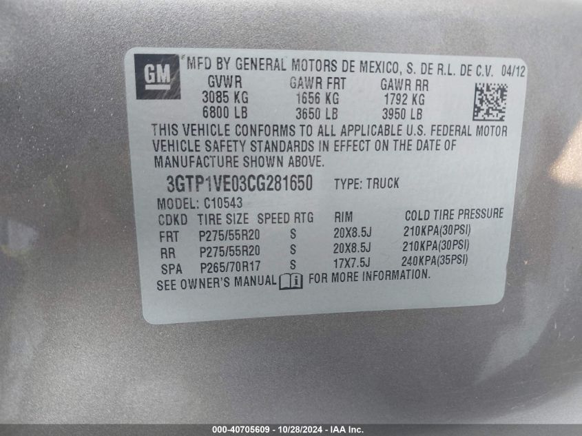2012 GMC SIERRA VIN: 3GTP1VE03CG281650